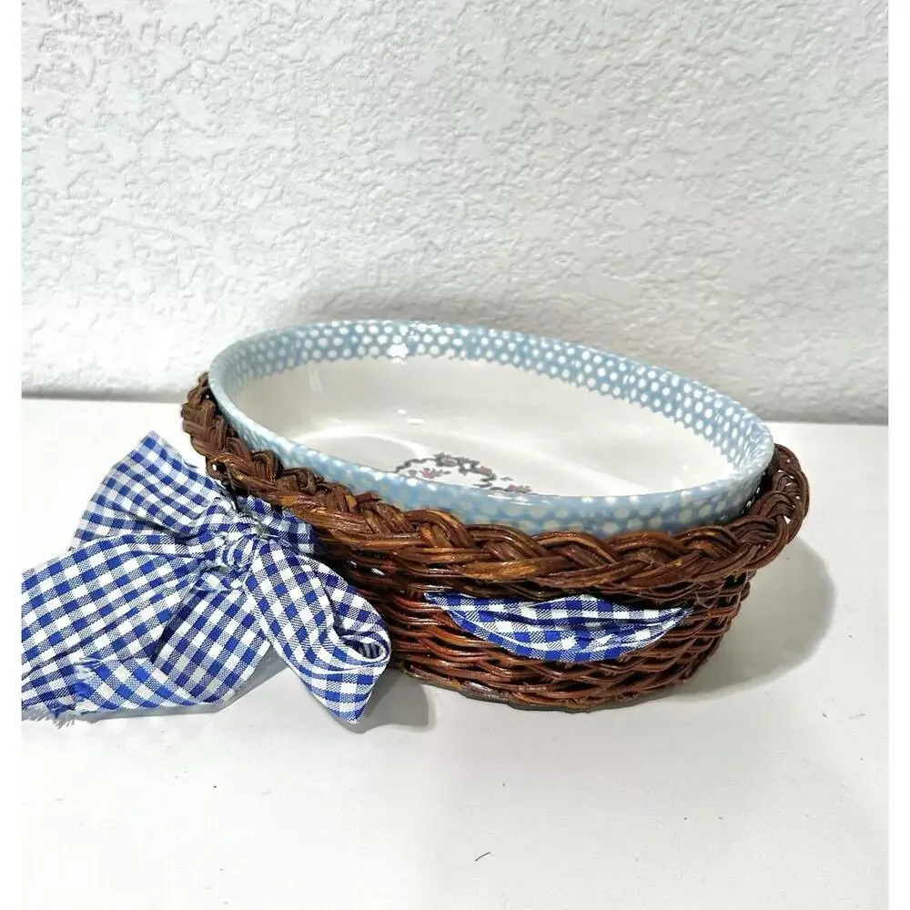 Teamson 1995 Casserole Baking Dish Oval Country Home and Woven Basket with Bow